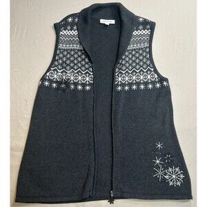 Breckenridge Womens Large Charcoal Snowflake Zip Sweater Vest Holiday Christmas